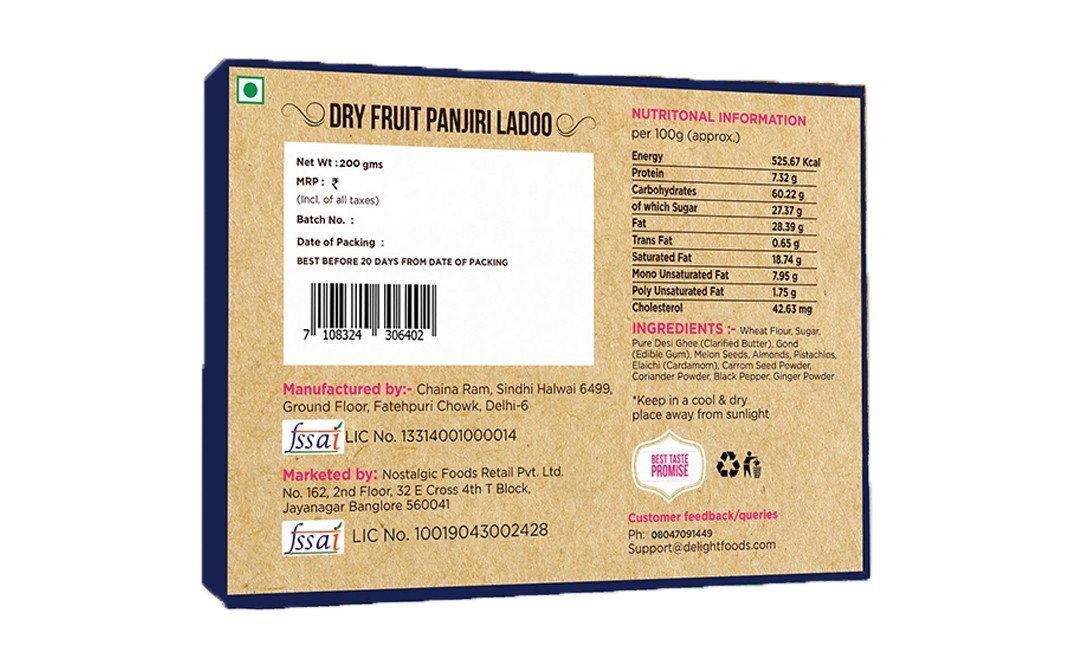 Delight Foods Dry Fruit Panjiri Ladoo    Box  200 grams